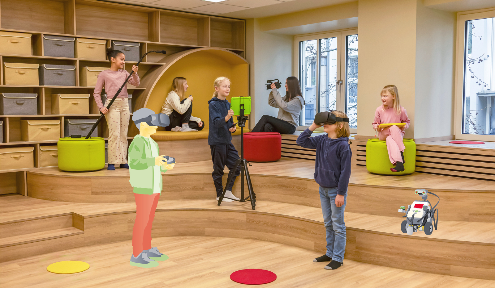 Kinder machen Medien in der Stiftung Medienworkshop für Kinder und Jugendliche mit Kamera, Mikrofon, VR-Brille und Robotik bei der Stiftung Jugend und Medien
